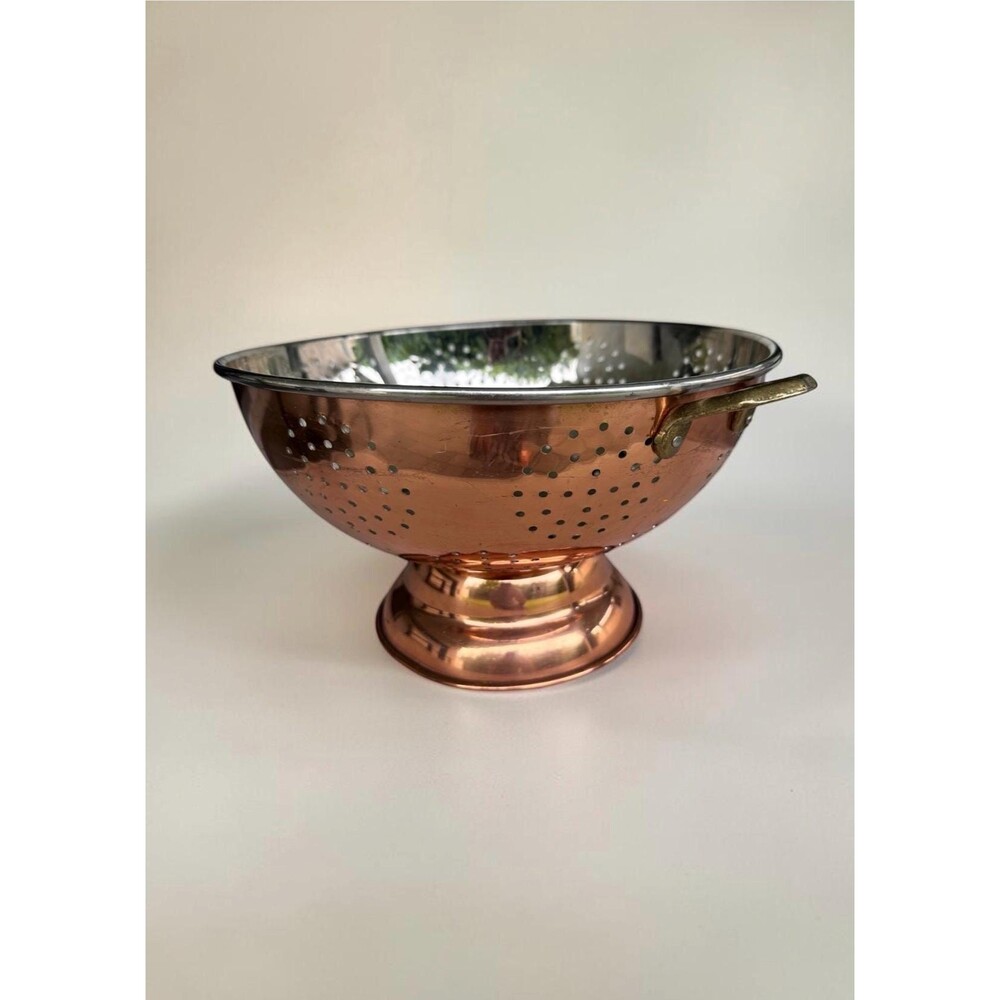 Vintage Large Copper Pedestal Colander Brass Handles Footed Strainer Fruit Bowl